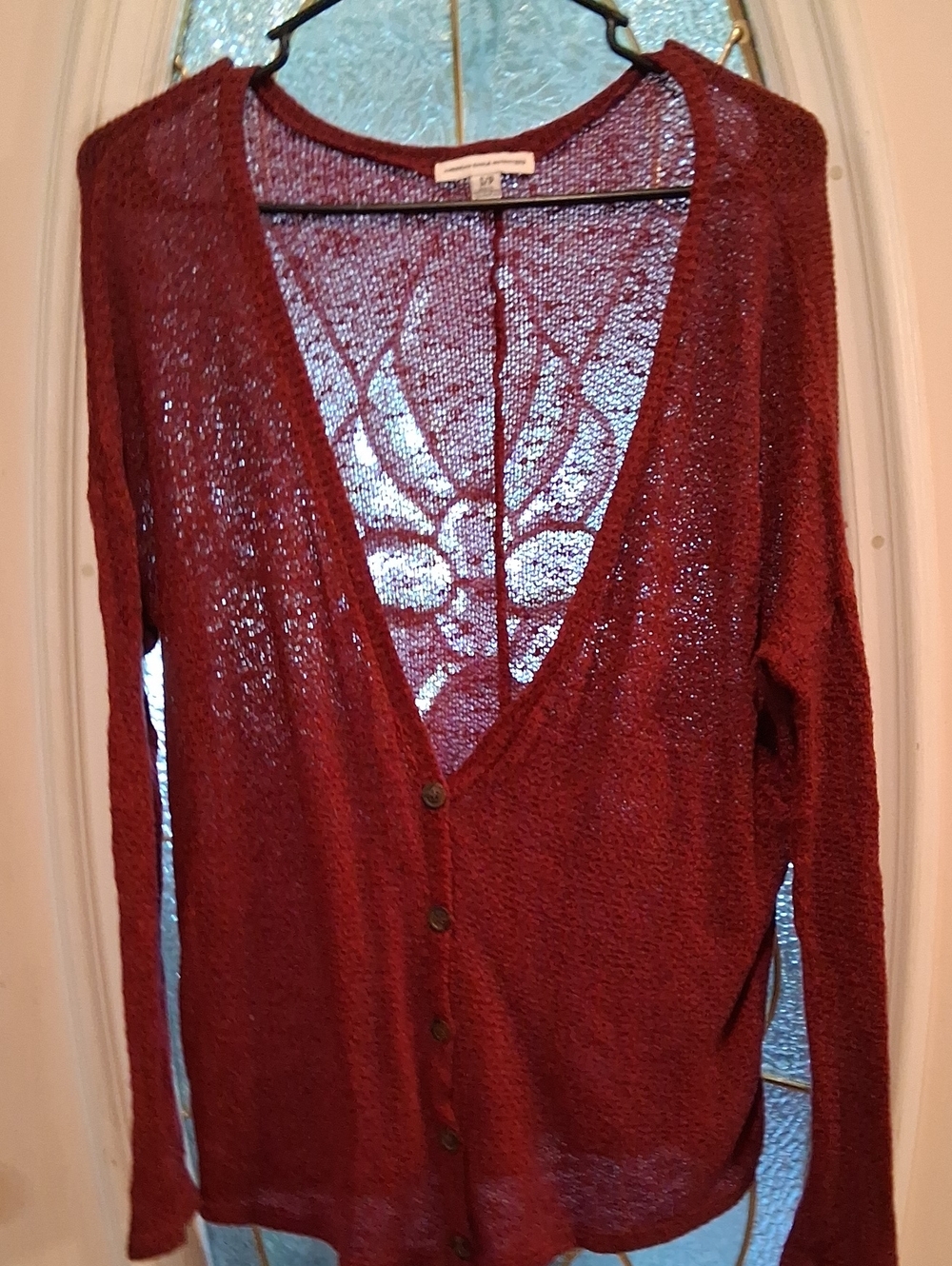 American Eagle Outfitters Sheer Deep V-Neck Button Cardigan - Rust Red